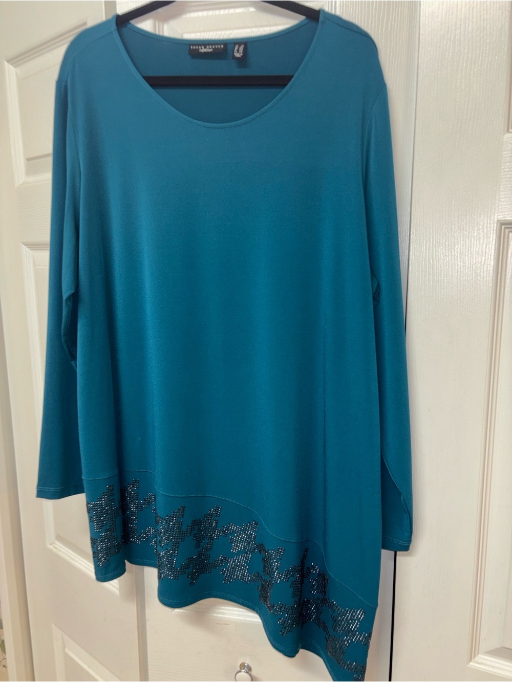 Susan Graver Teal Long-Sleeve Scoop Neck Tunic with Hem Embellishment 2XL